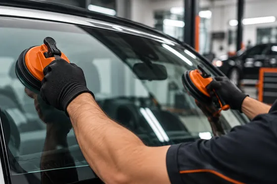 Técnico trabalhando na troca de um para-brisa